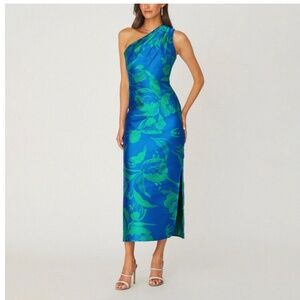 Shoshanna Vibrant Blue and Green One-Shoulder Dress